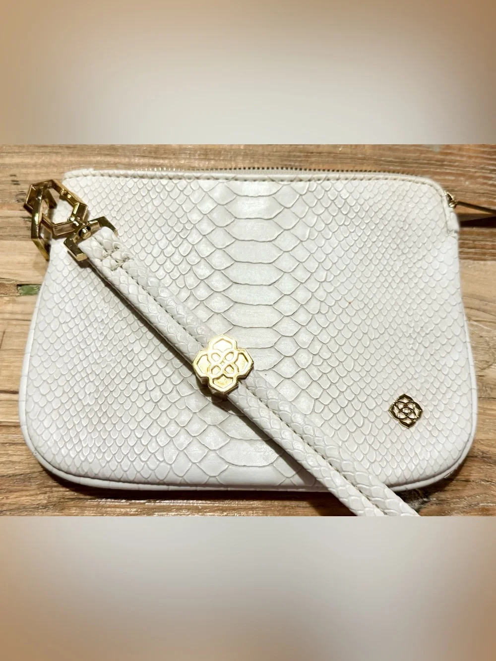 Kendra Scott White Snake-Embossed Wristlet with Chunky Gold Accents